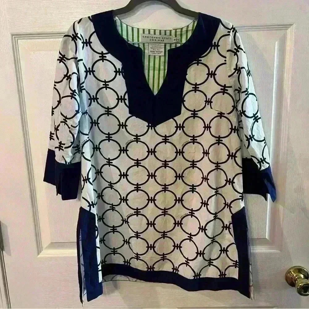 Gretchen Scott Designs Navy And White Geometric Design Tunic 100% Cotton Small